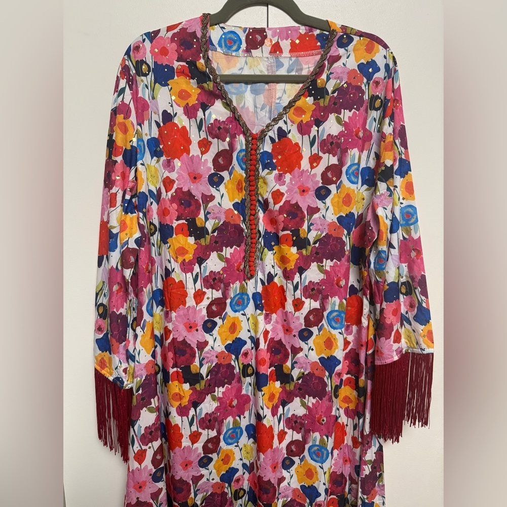 Floral Midi Dress with Fringe Sleeves - Pink Multi - Picture 3 of 8